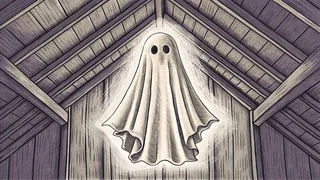 A gentle ghost in white sheet glimmers while floating through an attic
