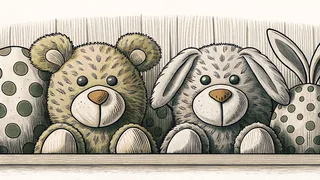 Shelf displaying soft plush toys with fuzzy textures, spots, lumps, and googly eyes.