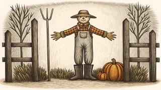 Scarecrow guarding cornfield with crow nearby.