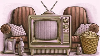 A classic TV set with rabbit ears sits next to a cozy seating arrangement with refreshments.
