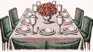 A harvest table laden with dishes, wine, and a colorful centerpiece awaits friends.