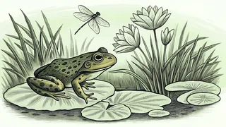 A frog launches from floating lily pads as a dragonfly skims the water.