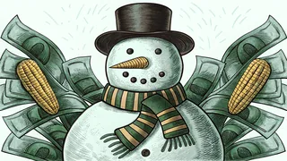 Cheerful snowman dressed in top hat and scarf with coal face and pipe smile