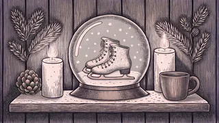 A snow globe and ice skates stand next to a warm cocoa mug with gentle candlelight.