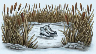Resting on frozen pond, ice skates sit where protruding reeds break through