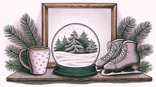 An ice-blue snow globe sits beside ice skates and a steaming cocoa mug on a frosty windowsill.