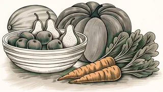 Pears and plums fill a wooden bowl beside carrots, celery and a striped melon on a kitchen counter.