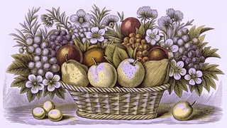 A garden display of colorful fruits and blossoms symbolizing spiritual virtues.