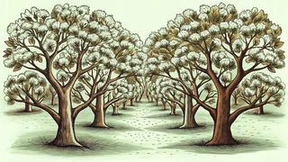 White blossoms on cherry and apple trees in a spring orchard with neatly pruned limbs.