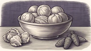 A bowl of oranges beside a cabbage and carrots on a kitchen table.