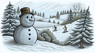 Children enjoying winter fun around a snowman on snow-covered terrain.
