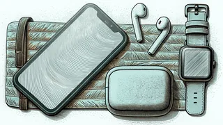Modern smart gadgets arranged together—phone, earbuds, watch, drone, thermostat.