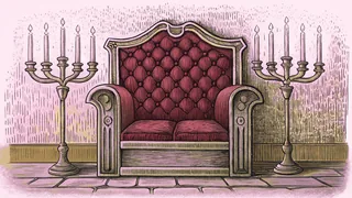 A grand throne silhouette stands beside an ornate candelabra on dark stone.
