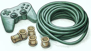 A controller, cartridges, tangled cables and a joystick grouped together.