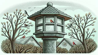Birdfeeder surrounded by songbirds including robin, finch, sparrow, and blackbird.