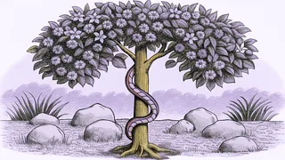 A serpent entwined around a fruit tree in a lush garden setting