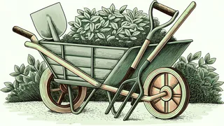 Gardening tools including spade and shears arranged in and beside a wooden wheelbarrow.