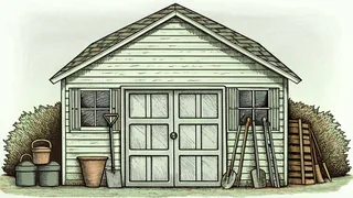 Gardening tools—rakes, shovels, watering cans, and shears—hang neatly in a bright shed.