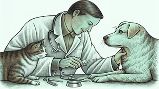 A veterinary surgeon examining a cat and dog in a well-equipped medical clinic.