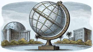 A wooden globe sits beside geographical features: desert sand, mountains, and a river.
