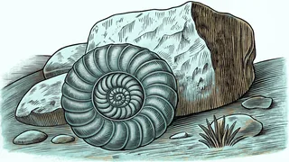 A fossil sits embedded in striped rock strata beside a large, weathered boulder.