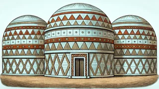 Geometric shapes arranged displaying parallel lines, circles, and symmetrical polygons