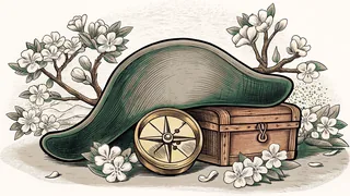 A tricorn hat and a surveyor's brass compass rest on a wooden chest beside blossoming cherry.