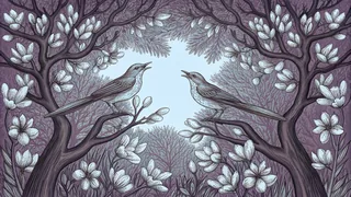 Blooming peach trees with brown thrashers singing from live oak branches.