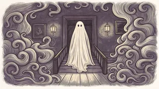 A ghostly apparition hovering in a shadowy room filled with ethereal fog.