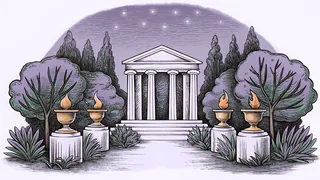 Ancient earthenware jars with burning torches arranged beside a stone altar at nightfall.