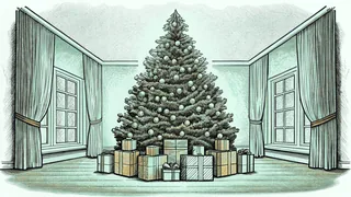 Wrapped Christmas gifts pile beneath a sparkling decorated tree in a living room.