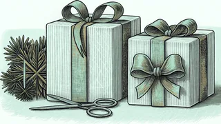 Wrapped presents decorated with ribbons, bows, and glittering tissue paper