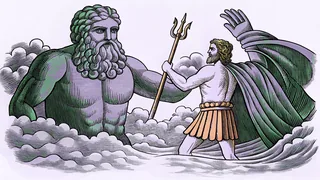 An epic mythological battle depicting towering giants clashing with gods amid storm clouds.