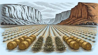 Farm produce and hay bales frame dramatic desert canyon rock formations on the horizon.