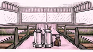 A retro diner features red vinyl booths and chrome stools beneath glowing neon lights.