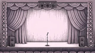 A vintage microphone stands under colored stage lights beside musical instruments.