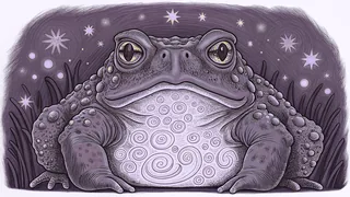 A fantastical toad sits surrounded by swirling magical words and colors.