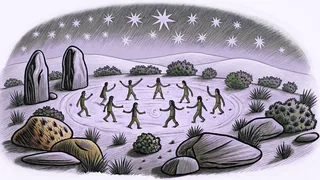 Ancient spiritual beings walk across ochre earth beneath the boundless sky.