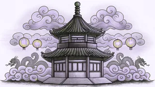 A beautiful jade pagoda with golden dragons amid red lanterns and mist.