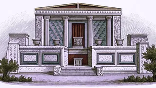 An ancient temple interior displaying Canaanite religious artifacts and ceremonial objects.