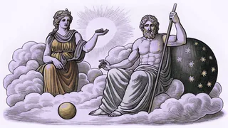 The sky god Jupiter seated on clouds with Hera, surrounded by stars and heavenly light.