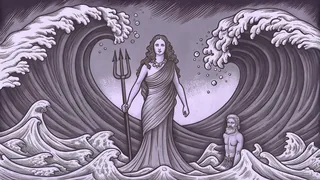 The sea goddess Amphitrite with Neptune among crashing waves, dolphins, and ocean creatures.