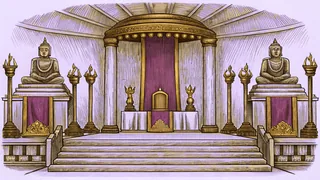 Golden deity statues and oil lamps adorning a colorful temple altar.