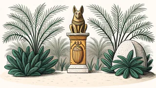 A carved jackal statue and scarab amulet beside a lotus column in sand.
