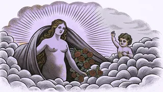 The goddess Aphrodite in flowing robes with Cupid amid roses and shimmering ocean spray.