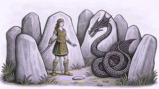 A Norse warrior in gleaming armor facing a fierce dragon near stone monuments.