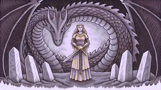 A Norse warrior in gleaming armor facing a fierce dragon near stone monuments.