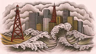 A city skyline looms under stormy night light as a radio tower topples toward a rising harbor wave.