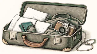 Travel essentials packed on a hotel bed: suitcase, camera, and souvenir.