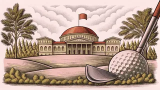 A golf club strikes a ball toward a flag on a manicured green.